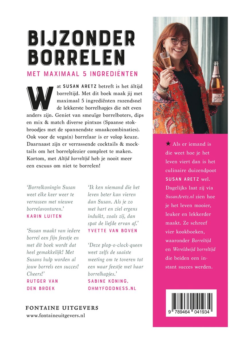 De cover van het boek 'Bijzonder Borrelen' met een lachende vrouw die een glas bubbels vasthoudt.