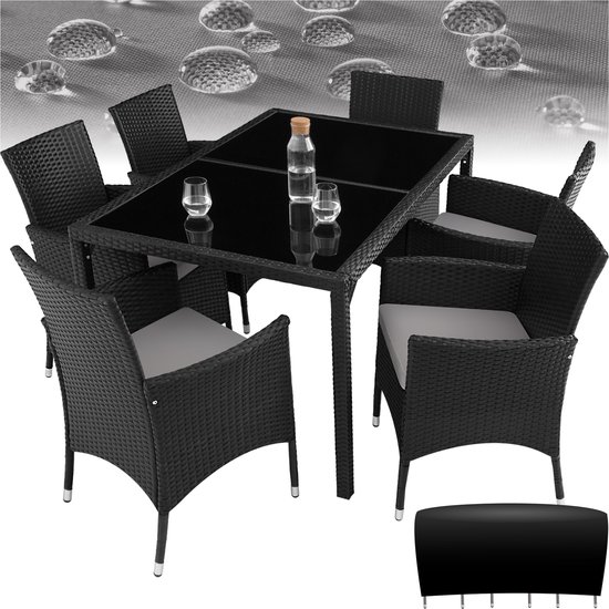 tectake® Wicker Tuinset Porto - Voor 6 Personen - Balkonmeubel - Tuinmeubelset met Tafel en 6 Stoelen - Zitgroep voor Tuin, Terras en Balkon - Inclusief Kussens en Beschermhoes - Zwart/Grijs - Wicker Set