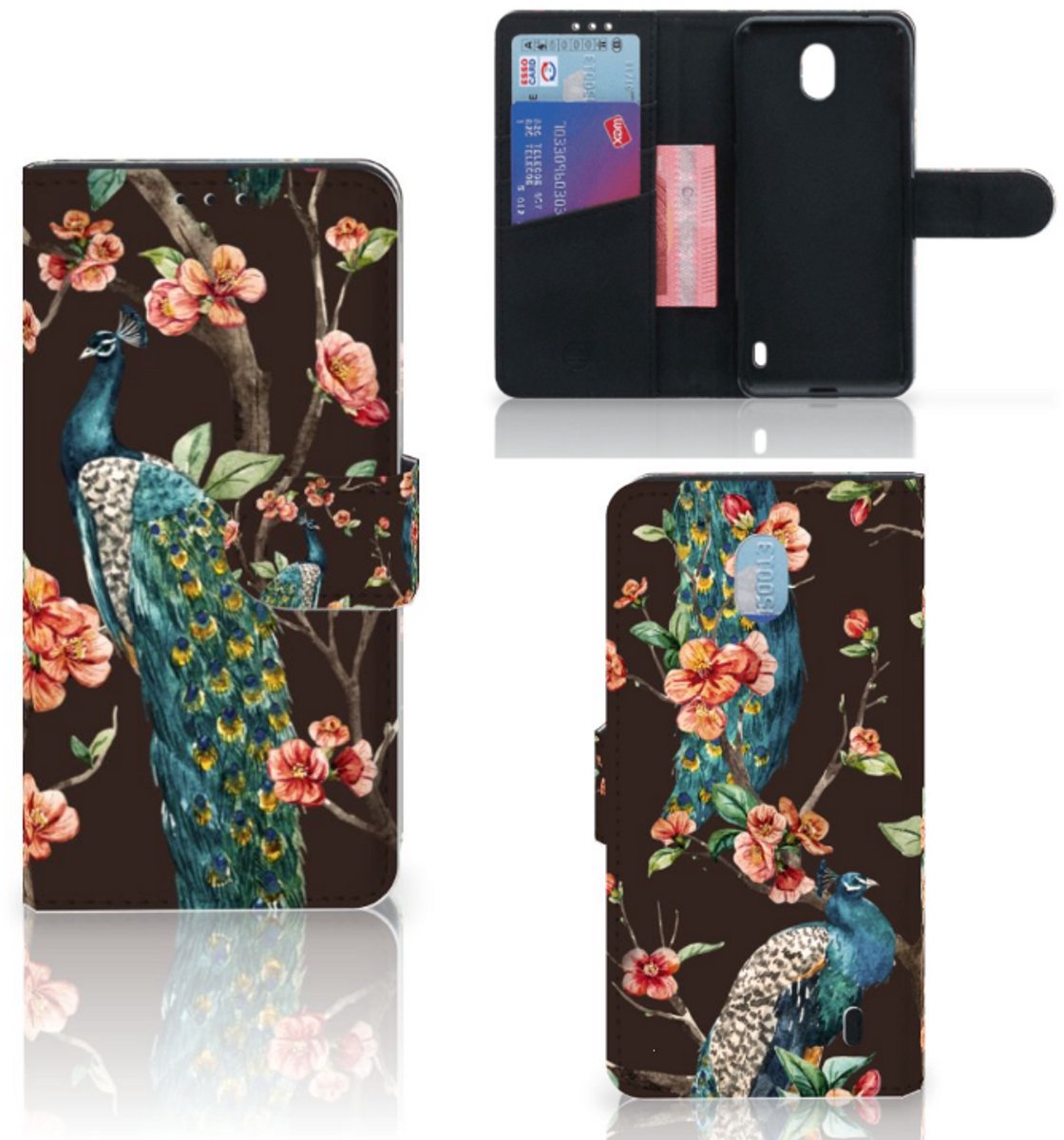 Nokia 1 Plus Telefoonhoesje met Pasjes Pauw met Bloemen