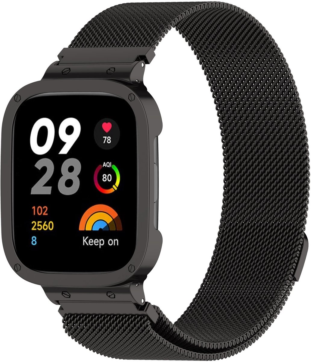 By Qubix - Milanese bandje met case - Zwart - Geschikt voor Xiaomi Redmi Watch 3
