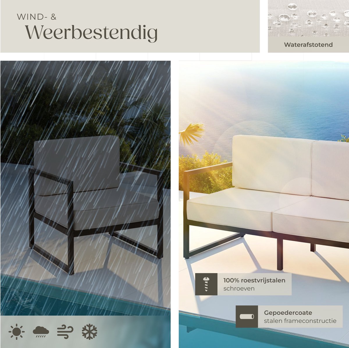 tectake® - Tuin-loungeset Comosa - Voor 6 personen - Tuinset - Grote bank, kleine bank en fauteuil - Waterafstotende en ultradikke zit-en rugkussens - Draagkracht 120kg per zitplaats - Bruin/beige – foto 2