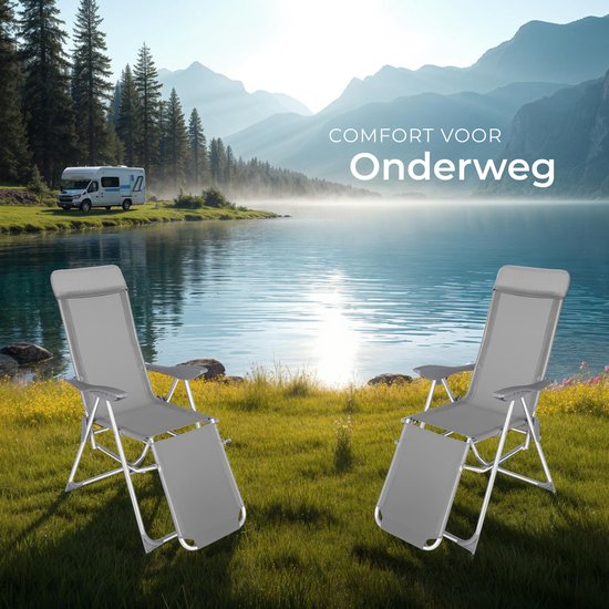 tectake® - Set van 2 klapstoelen - Aluminium tuinstoelen - Inklapbaar met hoofdsteun en voetensteun - Ligstoelen voor in de tuin, terras of balkon - Campingstoel - Grijs van Merkloos — afbeelding 2