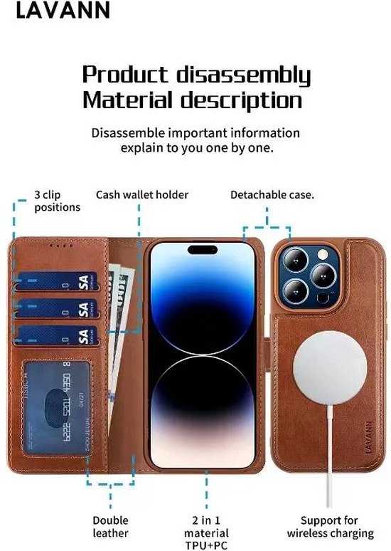 iPhone 14 Pro Max - Étui de téléphone en cuir de Luxe 2 en 1 - Élégant et multifonctionnel - Lavann - Bookcase magnétique 2 en 1 en cuir - Blauw