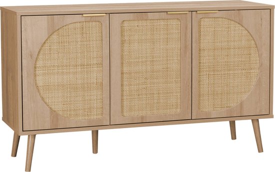 Dressoir van houtlook met drie deuren van rotan. Gouden handgrepen en conische pootjes.