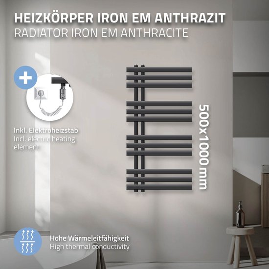 Antracietkleurige designradiator, 500x1000mm, inclusief elektrisch verwarmingselement.