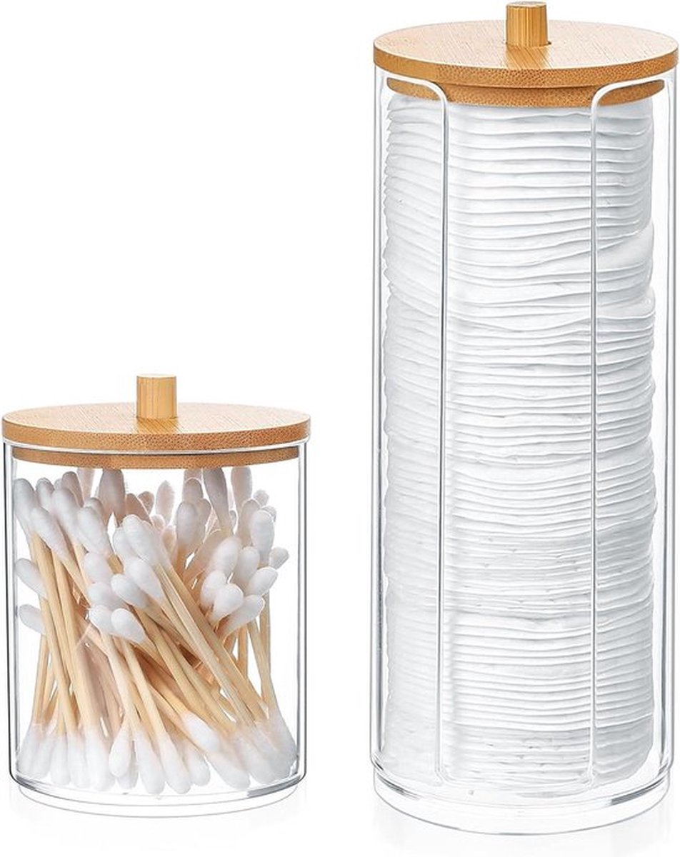 Cotton Pad Holder - Set of 2 Pieces with Bamboo Lid - Cosmetic Organizer for Bathroom - Makeup Storage - Gaumoeny