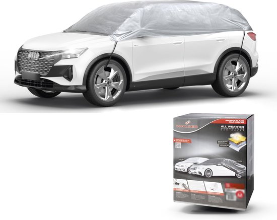 Witte SUV met zilverkleurige hoes, naast de verpakking met illustraties van de hoes en de bescherming.