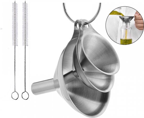 Foto: Metalen kleine trechter keuken trechters roestvrij staal voor het vullen en vullen van vloeistoffen parfums roestvrijstalen trechterset met reinigingsborstels hoge kwaliteit trechter keuken spullen flessen vullen