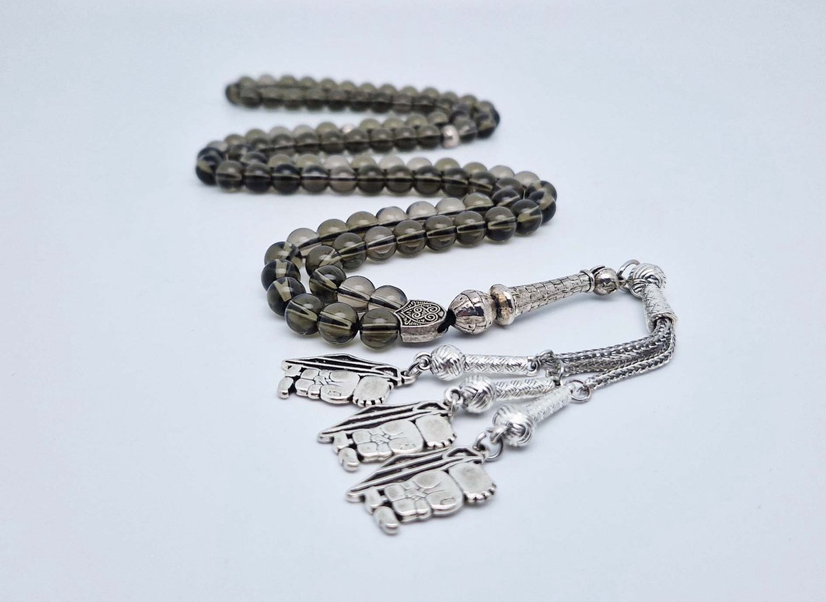 Handgemaakte tesbih "Tasbih" natuursteen " Rookkwarts" - Aantal kralen 99 - Diameter kralen 8MM - met metaal tassel "Hanzala" - Een mooi cadeau-idee