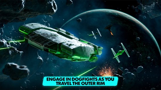 Een groot ruimteschip vliegt tussen asteroïden, met twee kleine groene gevechtsvliegtuigen die het aanvallen. Een planeet is zichtbaar op de achtergrond. "ENGAGE IN DOGFIGHTS AS YOU TRAVEL THE OUTER RIM"