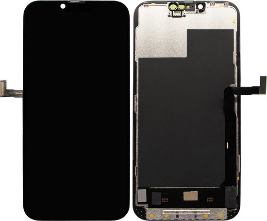 Zwart iPhone 13 Pro Max scherm met kabel op links, en schermunit met onderdelen op rechts.