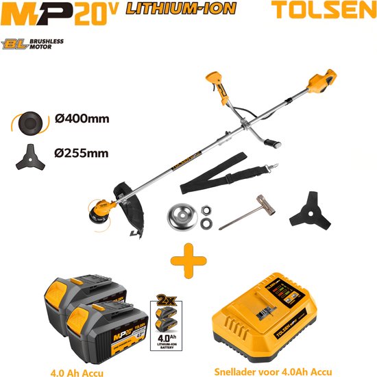 Coupe-bordures sans fil Tolsen Brushless - 20 V Li-ion - 450 W - pour gazon et Buissons - Capacité de coupe herbe : 400 mm - Capacité de coupe Buissons: 255 mm - Avec 2 batteries de 4,0 Ah , 1 chargeur rapide et accessoires