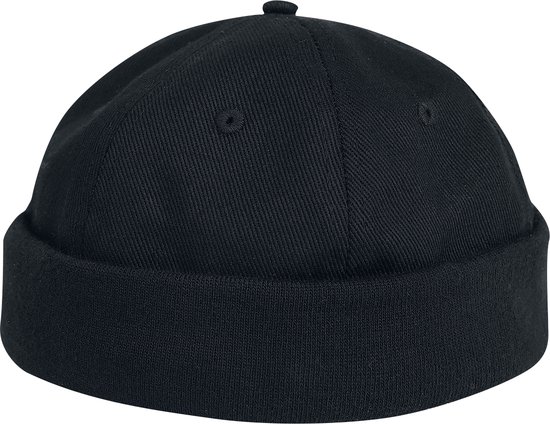 Zwarte docker pet van katoen met opgerolde rand en stiksels.