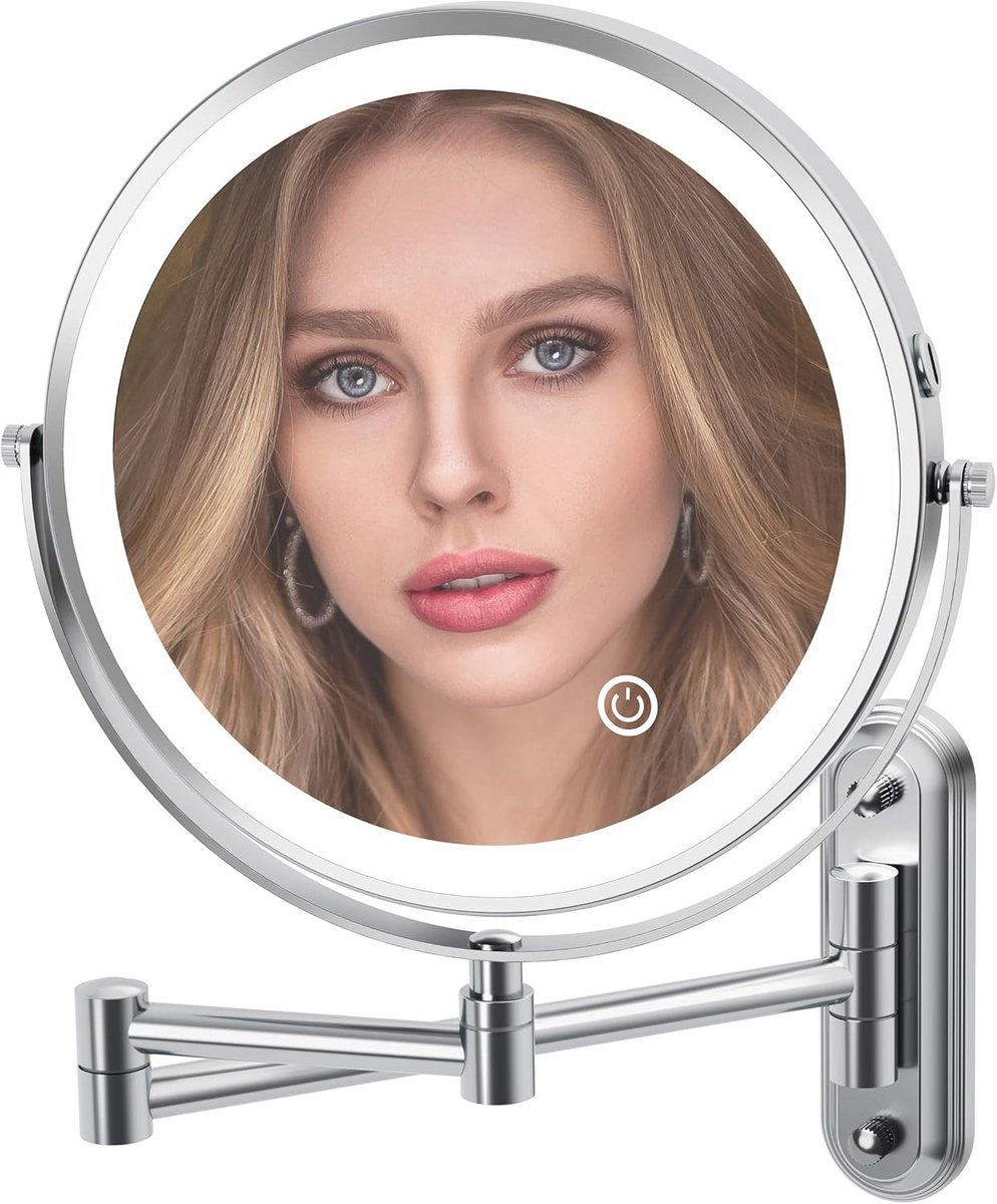 Oplaadbare Wandgemonteerde Verlichte Make-up Spiegel - 8 Inch Dubbelzijdige LED Spiegel met 1X/10X Vergroting en Dimbare 3 Kleuren Licht