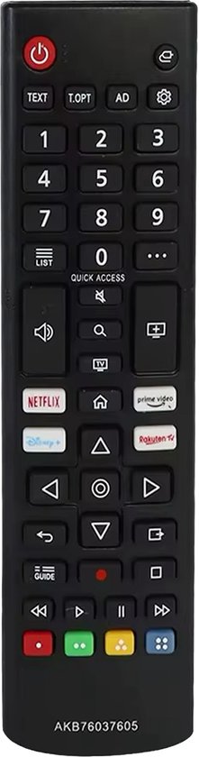 Télécommande noire avec touches numériques, boutons Netflix, Disney+, Prime Video et Rakuten TV.