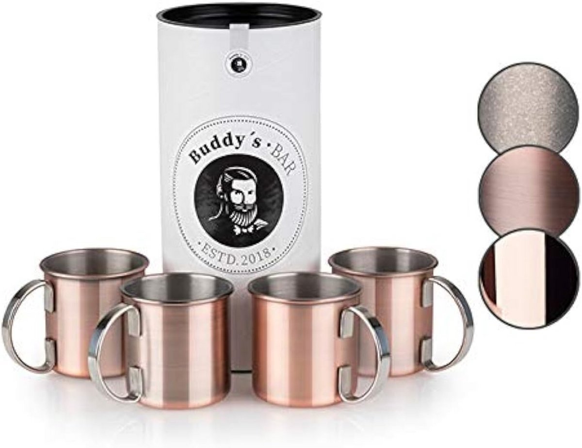 Set van 4 Koperkleurige Cocktail Mokken - RVS met Antiek Koperen Buitenkant - 450 ml