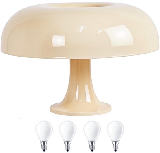 Lampe champignon crème avec 4 ampoules LED sur fond blanc.