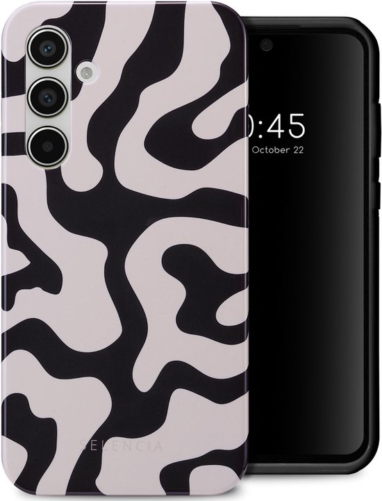 Coque de téléphone à imprimé abstrait noir et blanc et un smartphone.