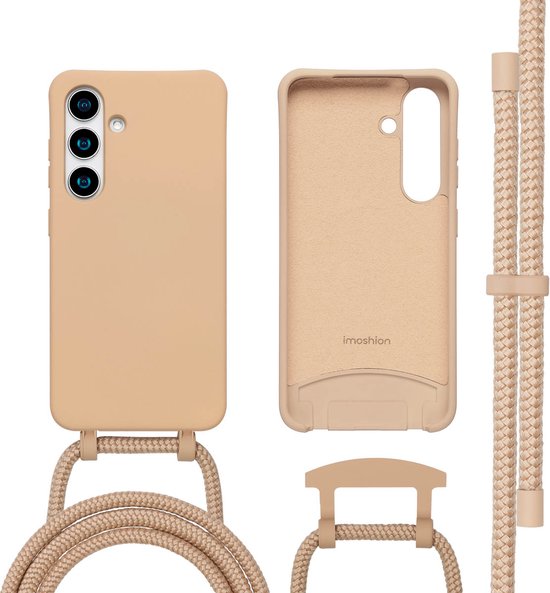 Samsung Galaxy S24 S25 hoesje siliconen schokbestendig beige met afneembaar verstelbaar koord en magnetische ring