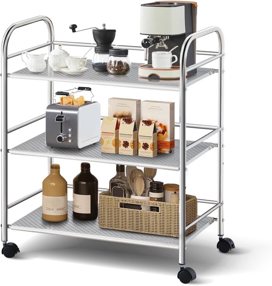 3-Laags Opslag Trolley met Wielen voor Keuken en Woonkamer