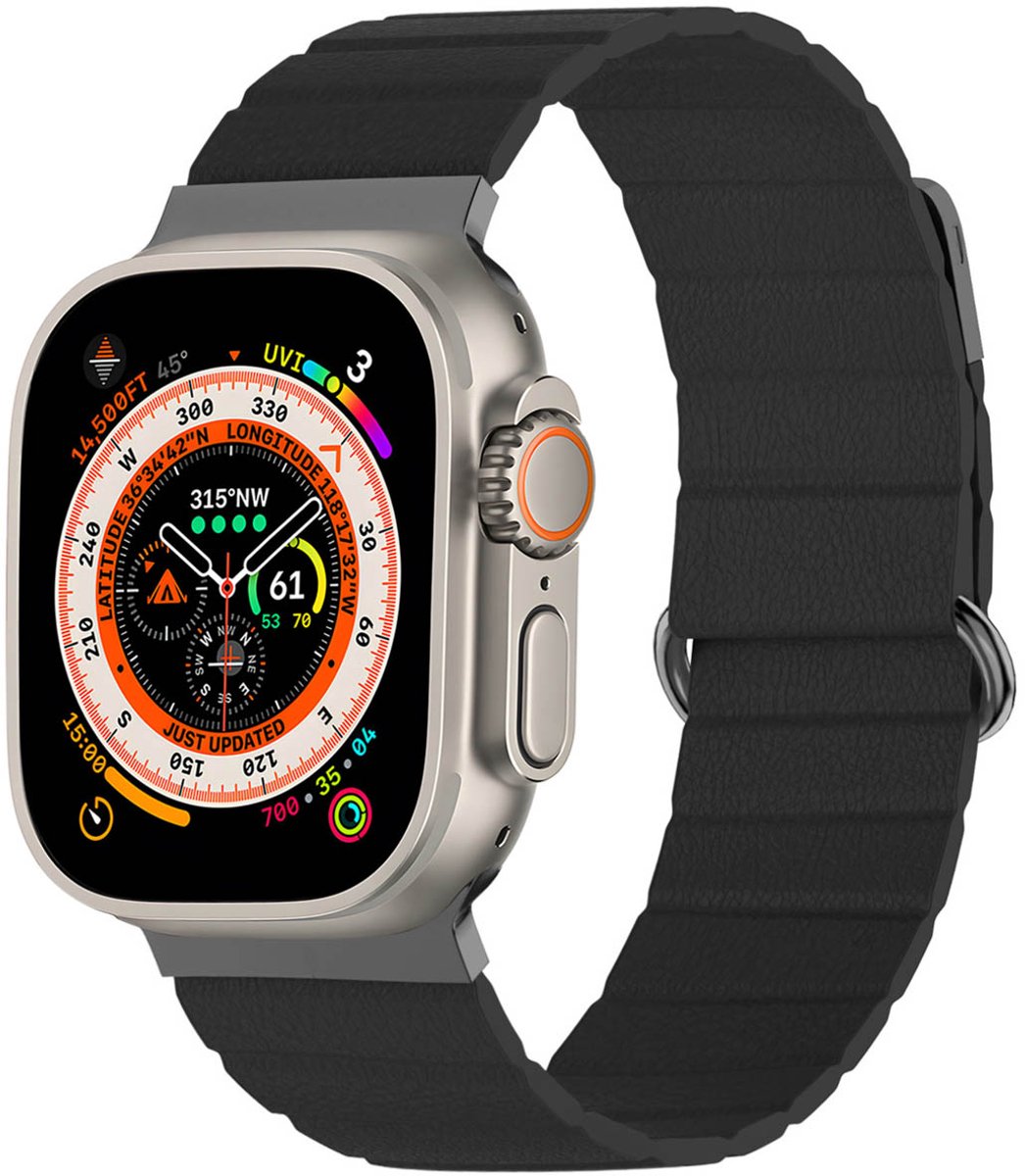iMoshion Bandje Geschikt voor Apple Watch Bandje Series 1 / 2 / 3 / 4 / 5 / 6 / 7 / 8 / 9 / SE / Ultra (2) - 42 / 44 / 45 / 49 mm - iMoshion Magnetisch lederen band - Zwart