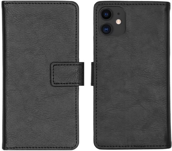 Zwarte, luxe book case voor iPhone 11. Voor- en achterkant zichtbaar met magneetsluiting.