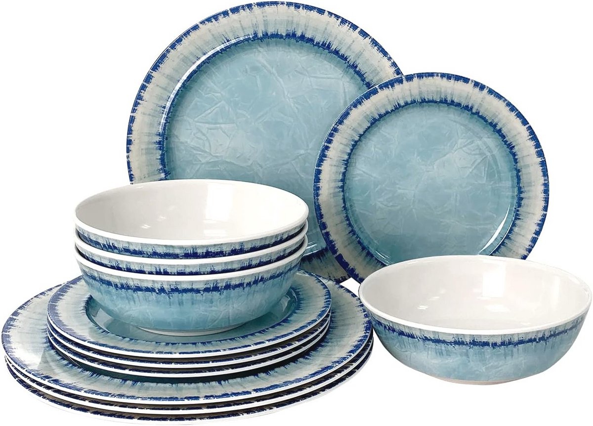 Melamine Servies Set van 12 Stuks - Geschikt voor Binnen en Buiten, Vaatwasmachinebestendig, Lichtgewicht en Onbreekbaar - Lichtblauw