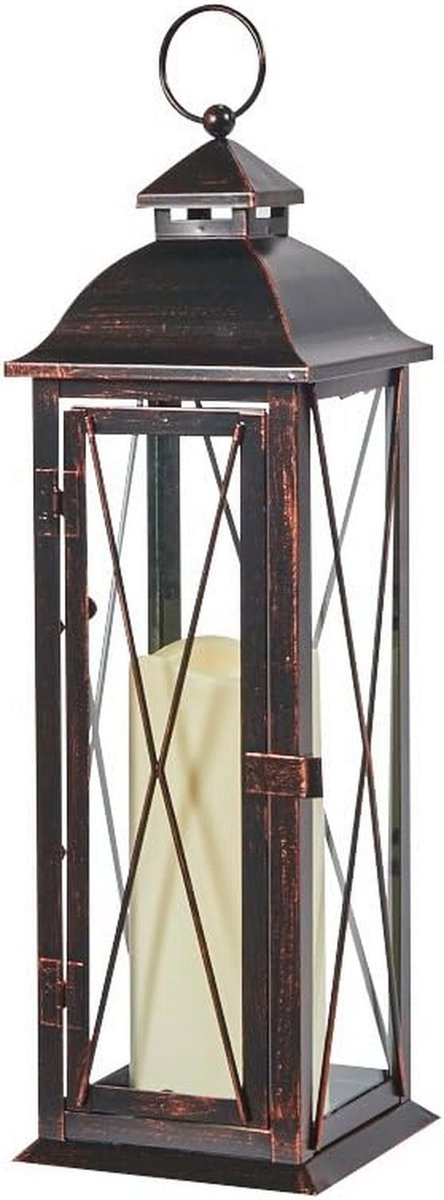 Metalen lantaarn met LED-kaars 16 inch hoog, antiek bruin voor binnen en buiten