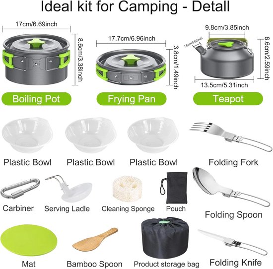 Kookgerei voor op de camping, 14-delige set van kookpotten gemaakt van roestvrij staal, kookuitrusting voor buitenactiviteiten zoals wandelen en picknicken. Potten en pannen gemaakt van aluminium en roestvrij staal, geschikt voor 2-3 personen. van Odoland — afbeelding 5