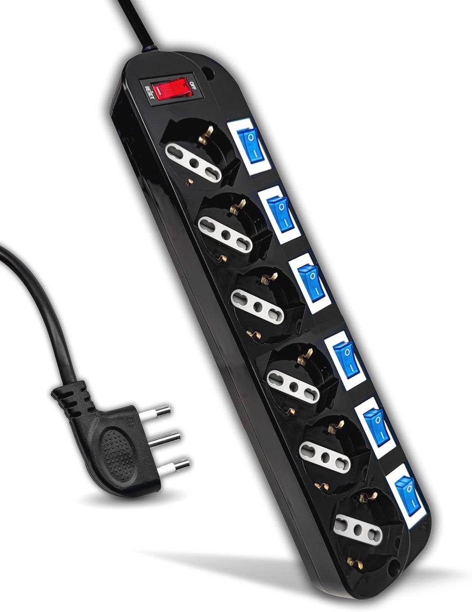 Meervoudig Elektrisch Stopcontact met Onafhankelijke Schakelaars - 6 Stopcontacten, 10/16 A Bypass