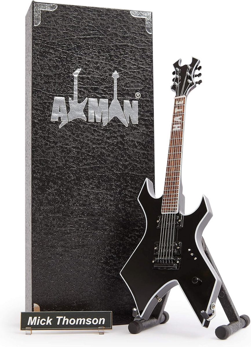 Mick Thomson (Slipknot): B.C. Rich Warlock - Miniatuur Gitaar Replica - Muziekgeschenken - Handgemaakte Sier 1/4 Schaal - Inclusief een Display Box, Naamlabel en Miniatuur Gitaar Stand