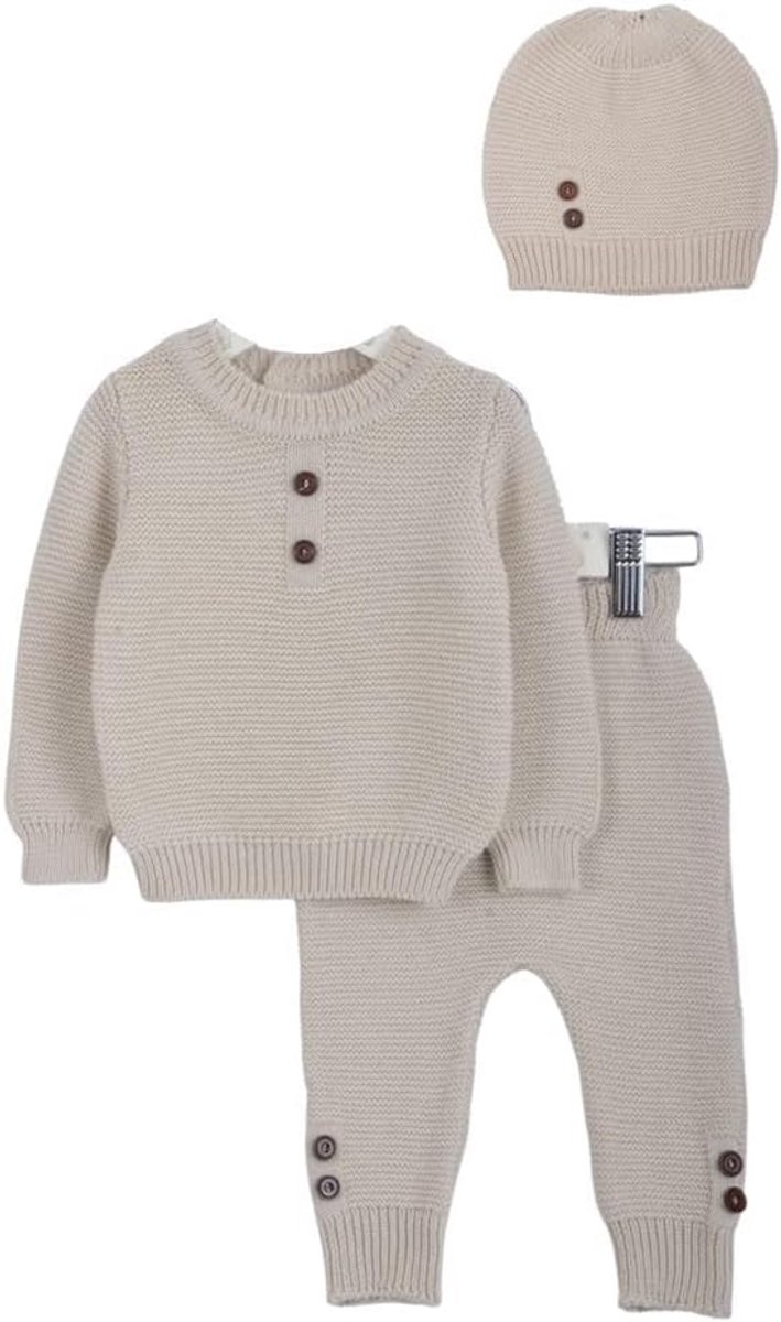Set van 3 Gebreide Babykleding: Broek, Trui en Muts, Beige