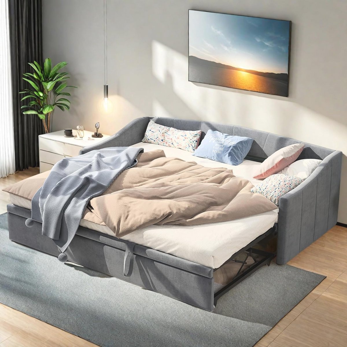 LKPOMI Slaapbank, 2-zits, uittrekbaar, 90/180 x 200 cm, met lattenbodem, fluweel, voor woonkamer en logeerkamer (zonder matras) (grijs 2)