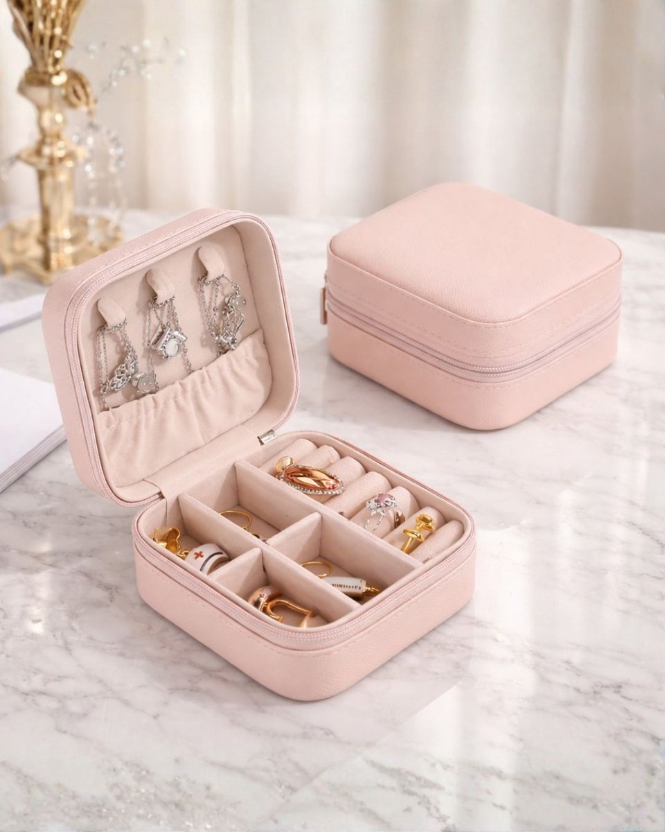 Luxe Sieradendoos – Compact Juwelendoosje met Spiegel & Rits – Reisetui voor Sieraden – Roze – Fluweel Binnenkant – 15 Compartimenten – Sieraden Opbergbox voor Ringen, Oorbellen, Kettingen & Horloges