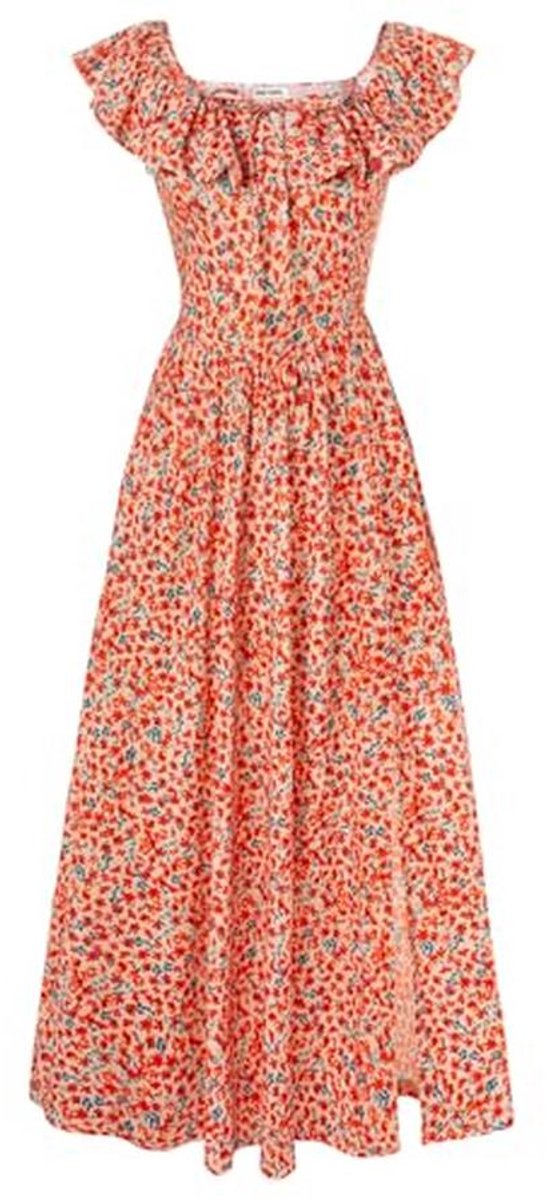 Vrouwen Zomer Bloem Motief V-Hals Ruffle Mouw Empire Taille A-Lijn Maxi Jurk met Zakken