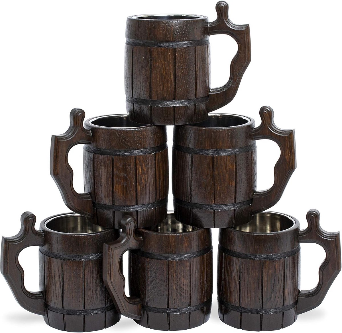 Set van 6 Handgemaakte Houten Bier Mokken met Roestvrijstalen Inzetstuk - Eco-vriendelijk Cadeau voor Mannen