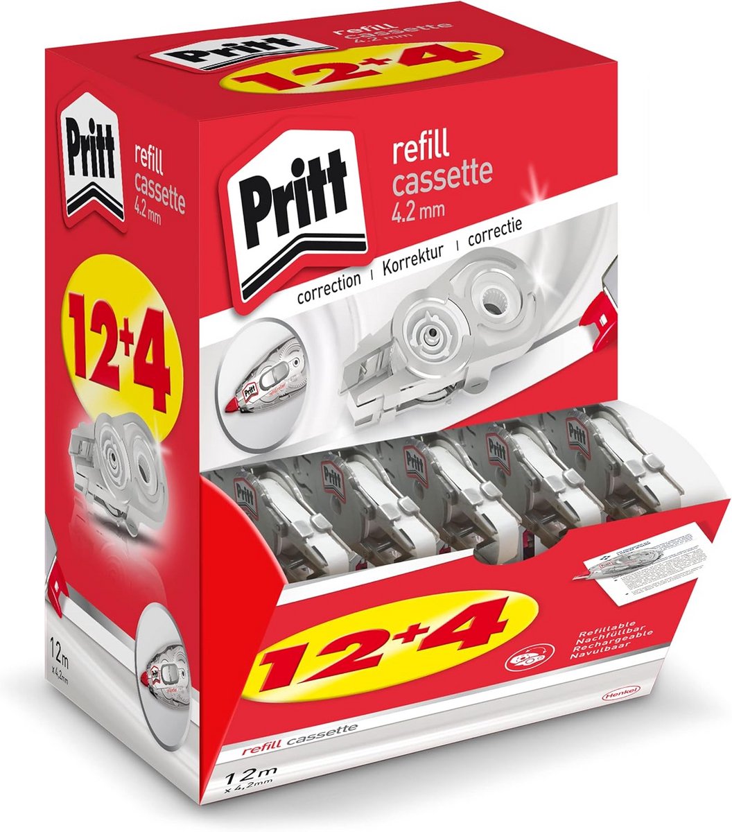 Navulcassettes voor correctieroller - 12 + 4 stuks, 4,2 mm breedte, 12 m lengte, flexibele punt