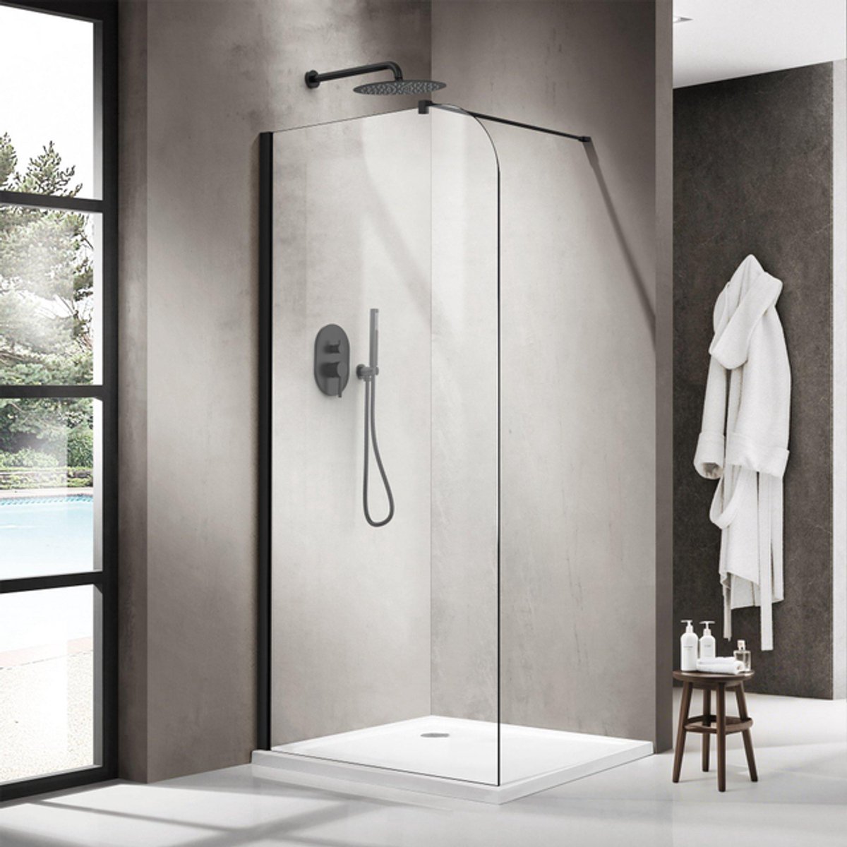 FugaFlow Eccelente Vetro Inloopdouche - 90x200cm - afgeronde glaswand - helder glas - wandarm - mat zwart