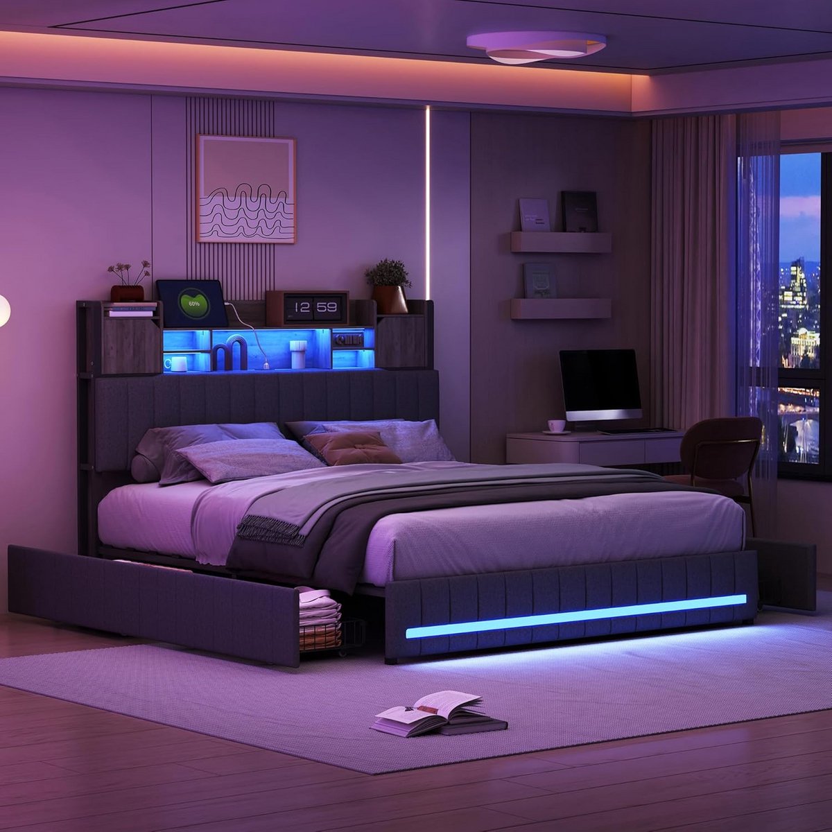 Gestoffeerd Tweepersoonsbed 140x200 cm met Opbergruimte, Lattenbodem en USB-oplaadpunt