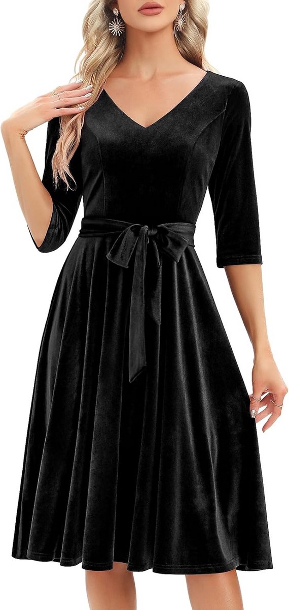 Vrouwen Casual Vintage Theejurk Cocktailbal Midi Jurk met V-hals en Zakken
