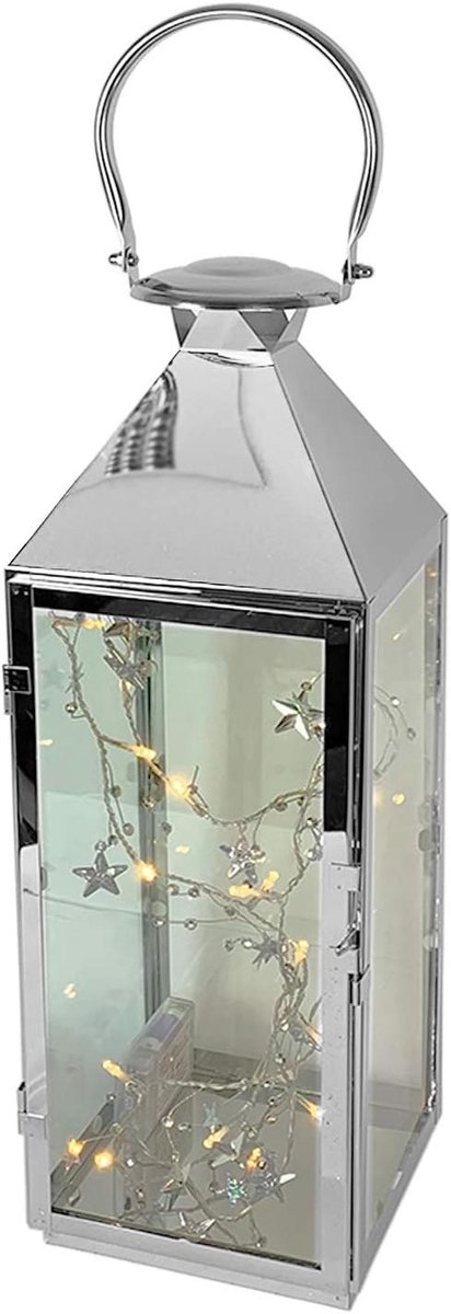 XXL Tuinlantaarn van Roestvrij Staal met LED Ster Lichtketting - H54 cm - Sfeervolle Decoratie voor Tuin en Terras