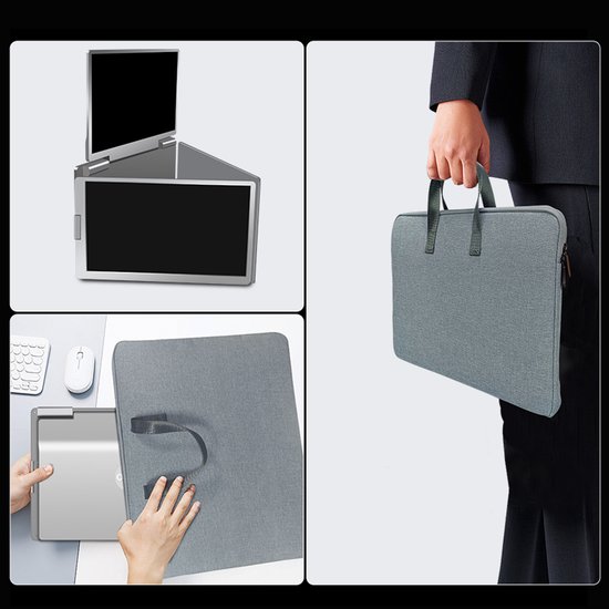 Een persoon in een pak draagt een grijze laptoptas; andere afbeeldingen tonen de monitor en hoe deze in de tas past.