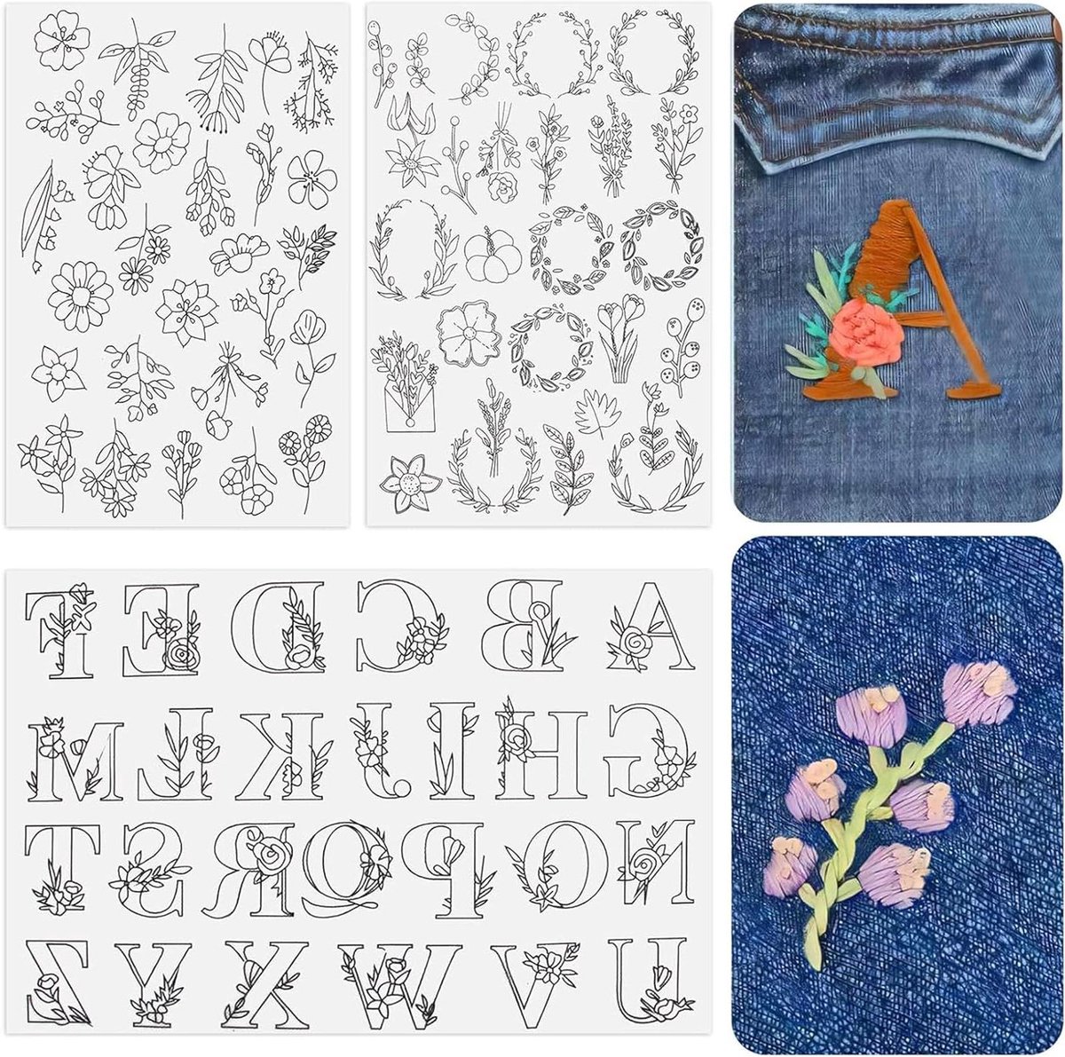Allecta - Borduursjablonen Set | 76 Wateroplosbare Designs | Bloemen, Brieftransfermotief | Handnaaien - A4 Formaat