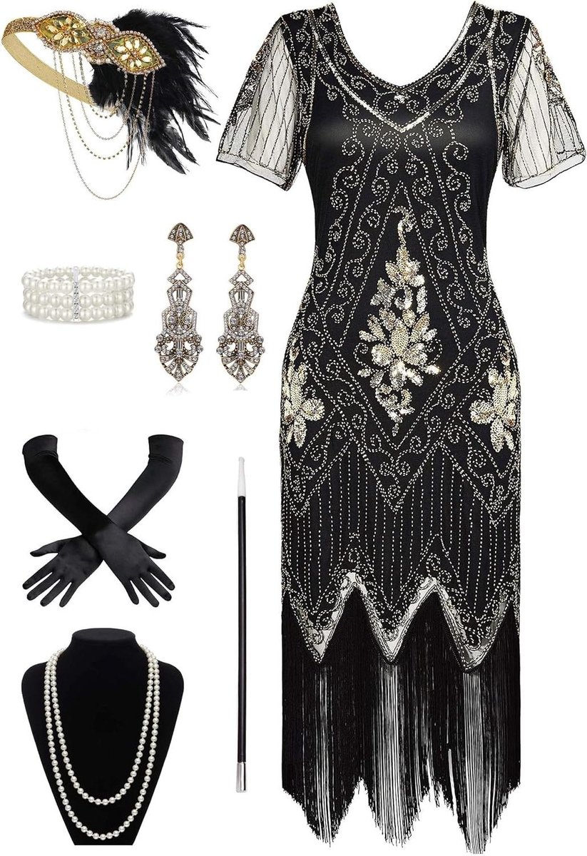 Allecta - Zwarte Gatsby-stijl damesjurk met korte mouwen en gouden accenten in maat XL. Perfect voor een jaren '20 feest.