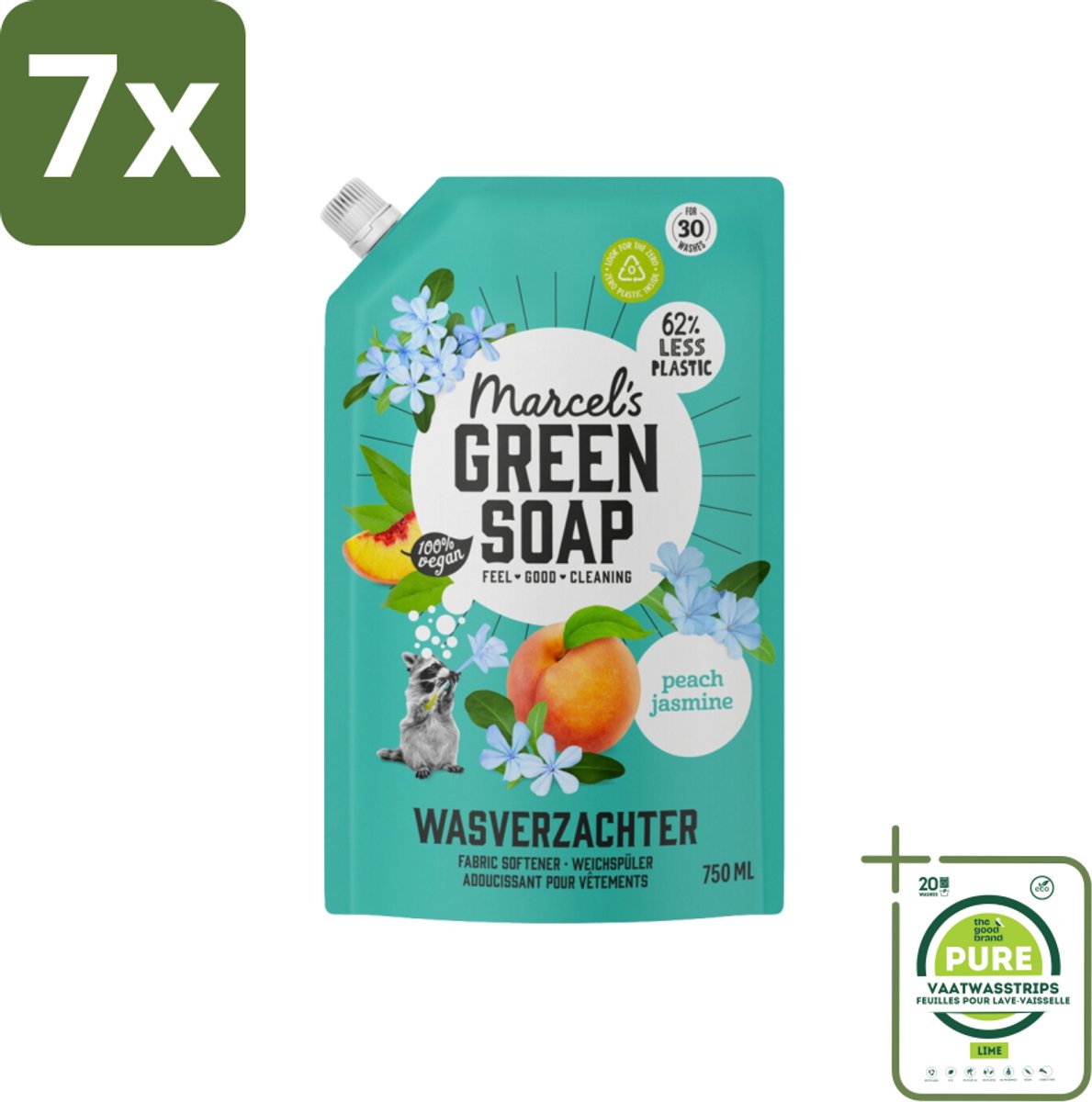 7 x Marcel’s Green Soap – Wasverzachter – Peach & Jasmine Navulling – 750 ml - Grootverpakking - Wasverzachter - Wasverzachter Navulling - Wasverzachter Perzik En Jasmijn - Wasverzachter Voor Kleding - Wasverzachter Voor Beddengoed