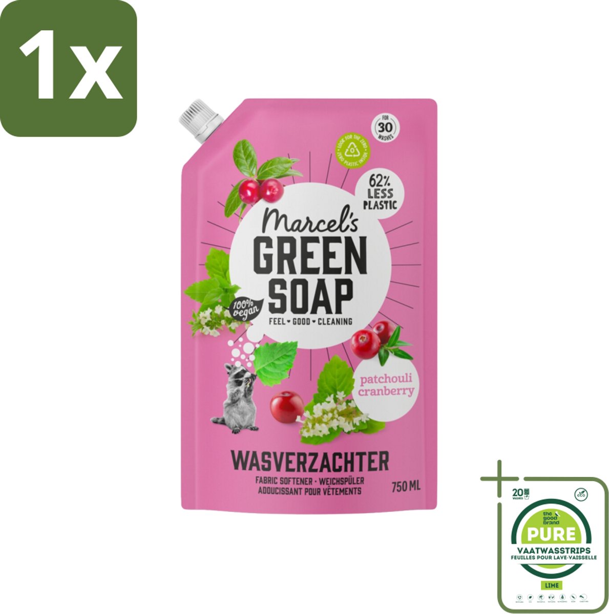 1 x Marcel’s Green Soap – Wasverzachter – Patchouli & Cranberry - Navulling – 750 ml - Wasverzachter - Navulling - Patchouli - Cranberry - Wasverzachter Navulling