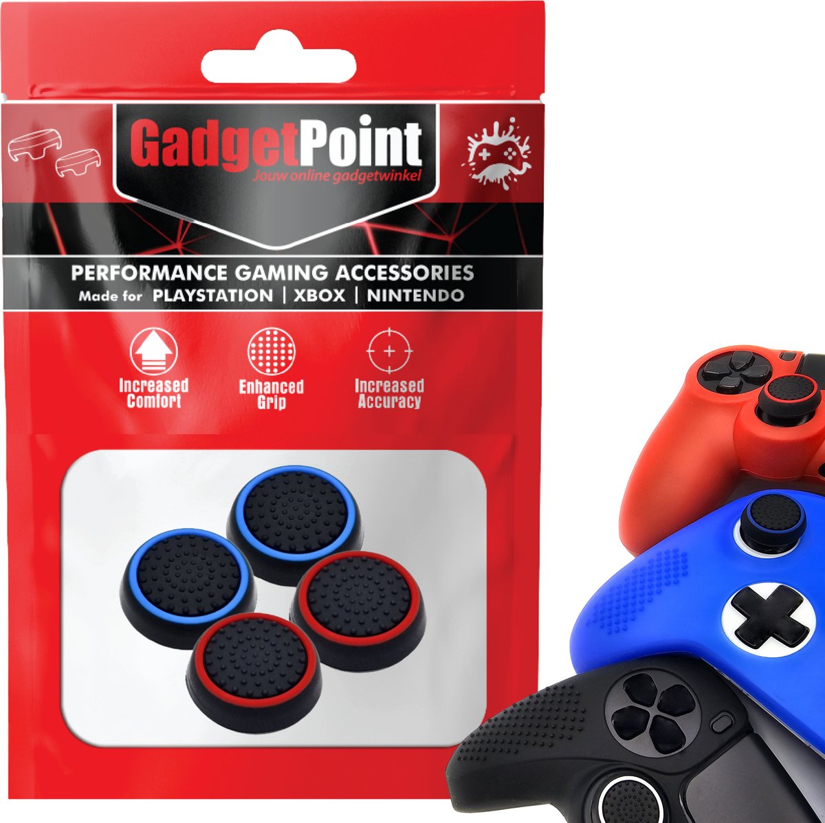 Gadgetpoint - Thumb Grips voor PlayStation, PS5, Xbox X/S, One & Switch Pro Controller - Gaming Thumbgrips - Performance Anti-Slip Thumbsticks - Bescherming Accessoires - Zwart Lichtblauw en Zwart Rood