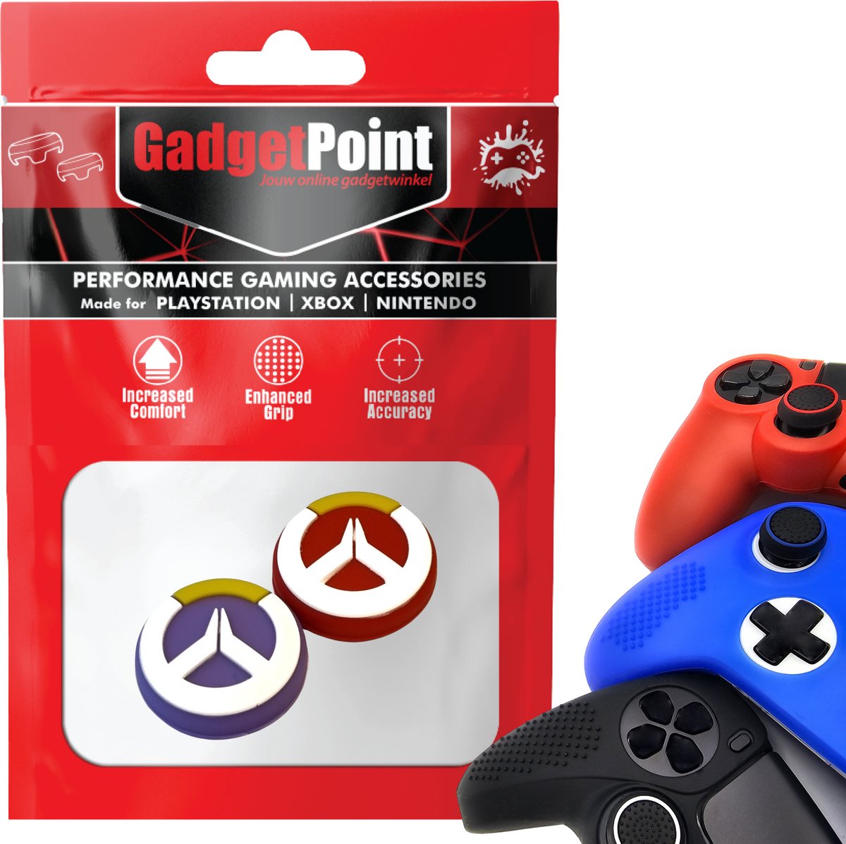 Gadgetpoint - Thumb Grips voor PlayStation, PS5, Xbox X/S, One & Switch Pro Controller - Gaming Thumbgrips - Performance Anti-Slip Thumbsticks - Bescherming Accessoires - Paars/Rood met Wit/Geel