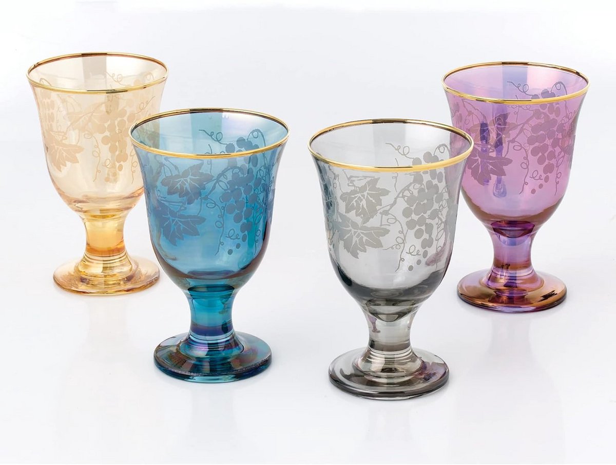 Set van 4 Gekleurde Champagneglazen met Gouden Rand - Elegante Wijnglazen 300ml