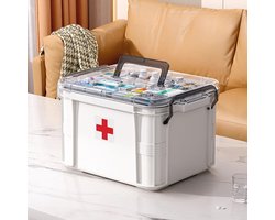 HIKENRI Geneeskunde Opbergdoos, Huishoudelijke Geneeskunde Opbergdoos Organisator, EHBO-doos, Dubbele Lagen Multi Grid Medicine Box, Draagbaar met Deksel Medicijnen Opbergdoos Medicijnkast voor Thuis
